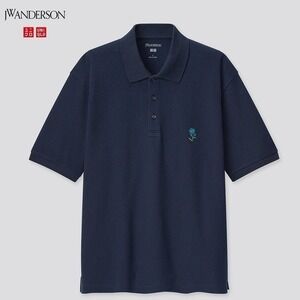 JW Anderson Uniqlo Short Sleeve Flower Polo Men XS/S Embroider Navy Relax Cotton